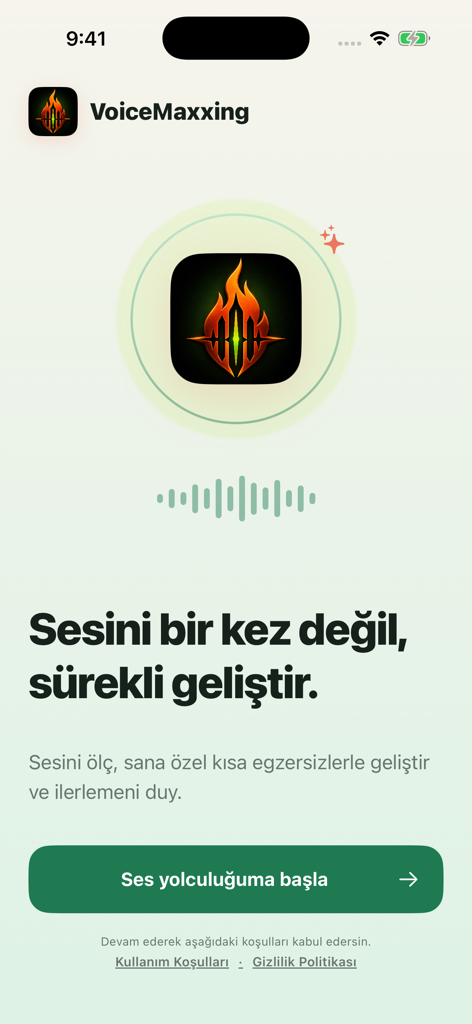VoiceMaxxing iPhone onboarding ekranı